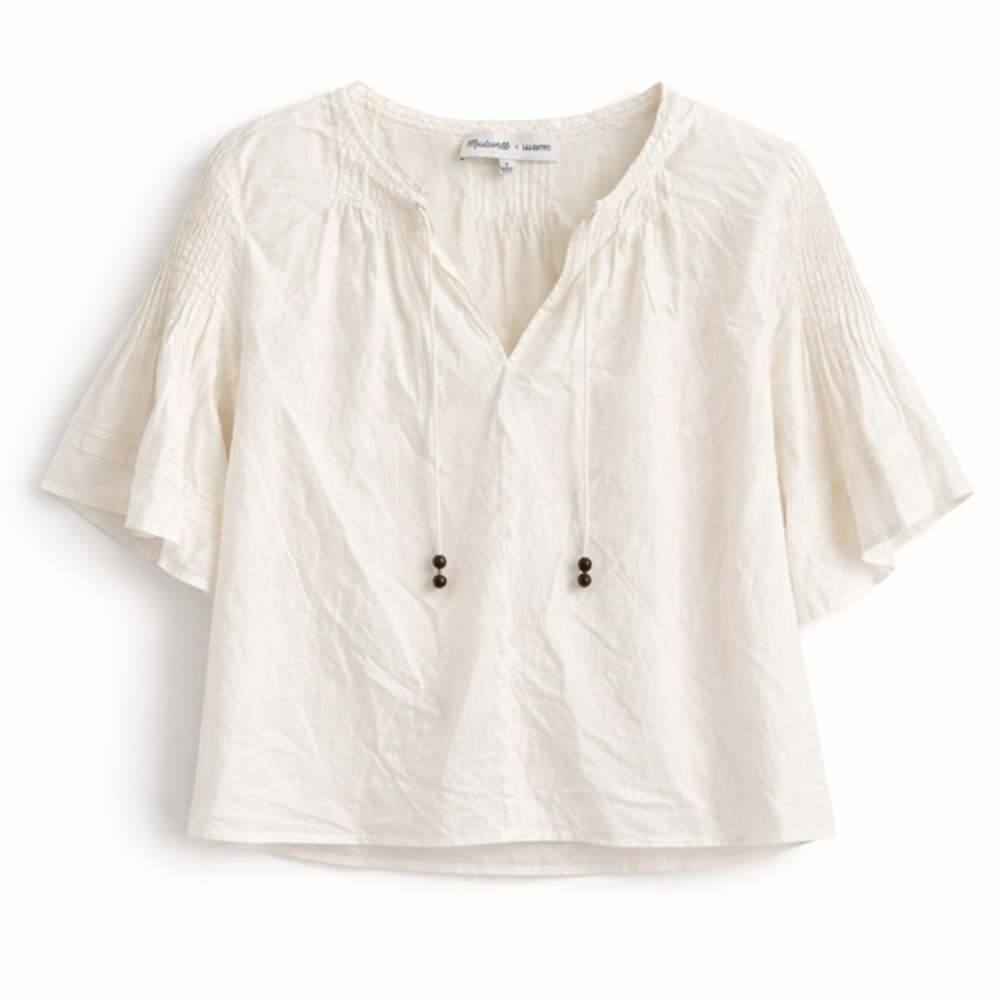 Madewell x Warm Ivory Boho Peasant Blouse Size S Tie Neck Pintuck Top